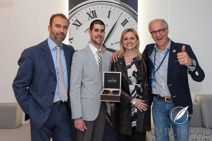 Eberhard team, Joshua Munchow (2nd from left) and Watchuseek's Ernie Romers (right)