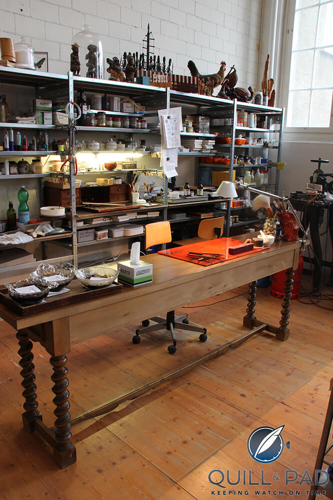 Urushi-lacquer workspace in the Angular Momentum atelier