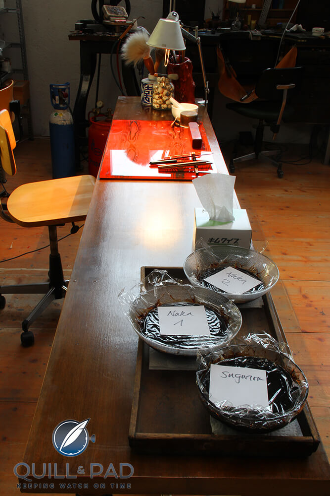 Urushi-lacquer workspace in the Angular Momentum atelier