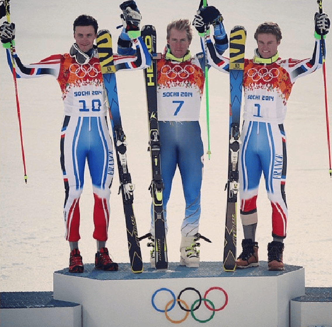 Podium of the Men's Alpine Skiing Giant Slalom in Sochi: Gold- Ted Ligety, U.S., Silver- Steve Missillier, France and Bronze- Alexis Pinturault, France