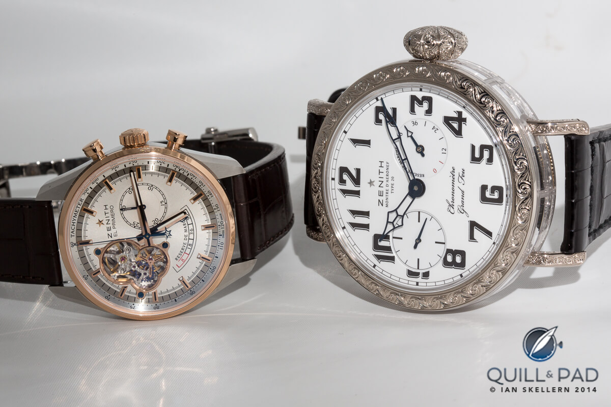 Zenith Pilot Type 20 Grand Feu 60 mm diameter (right) beside a 42mm Zenit (left)