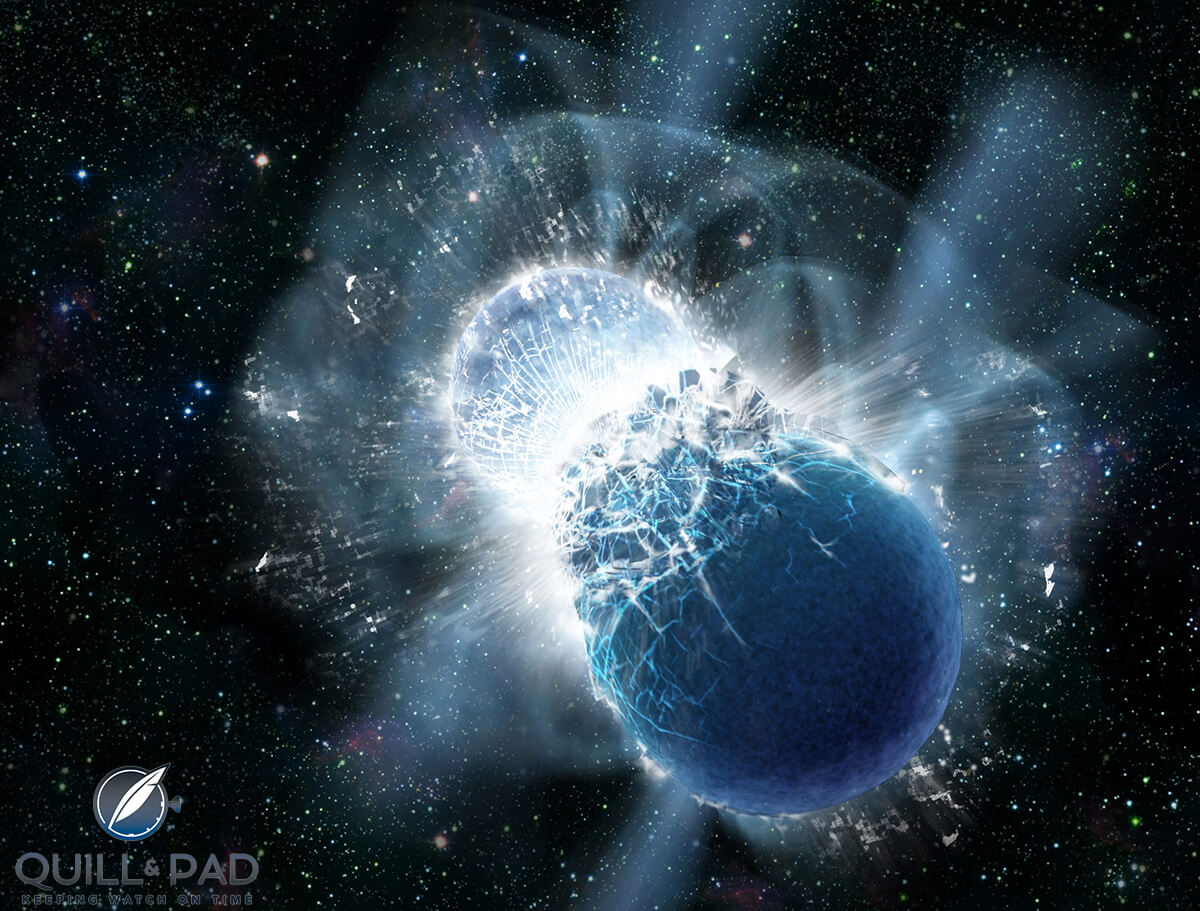 tist's impression of two neuron stars colliding. Just a single teaspoon of material from these stars would weigh around a billion tonnes on earth.