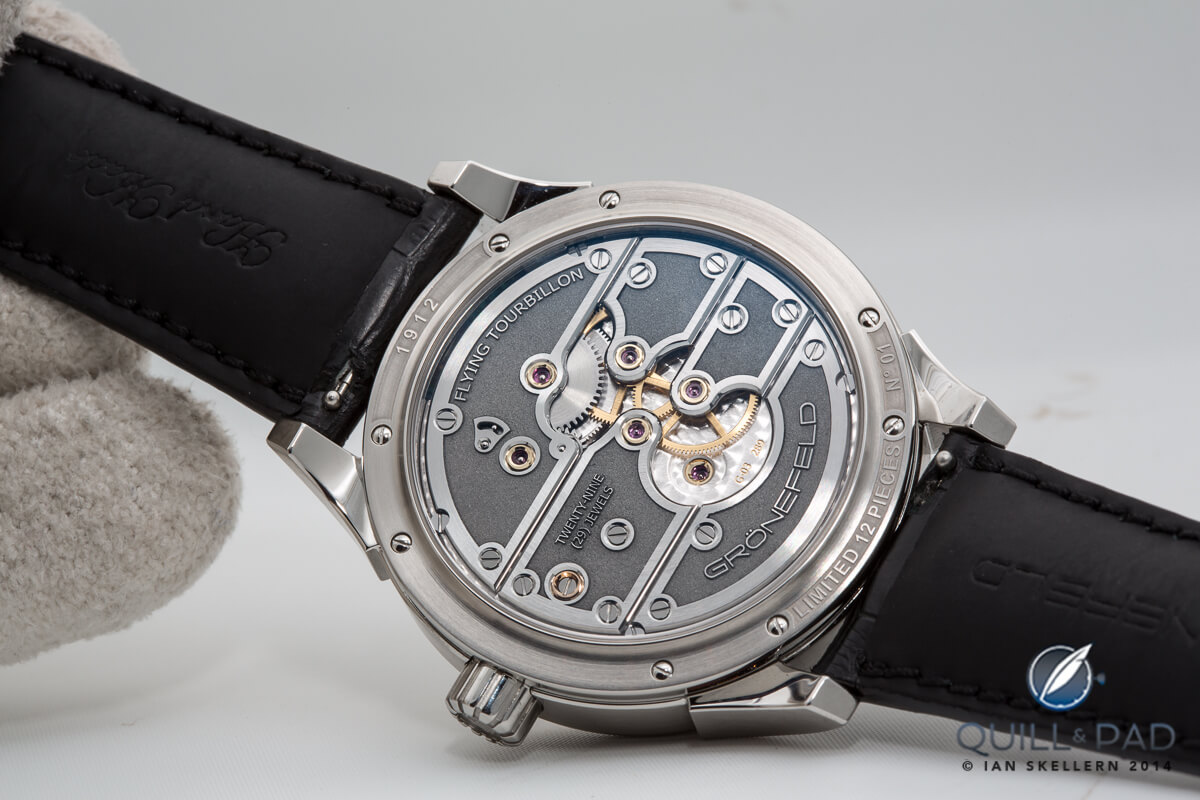 Stainless bridges on the back of the Gronefeld Parallax Tourbillon 1912