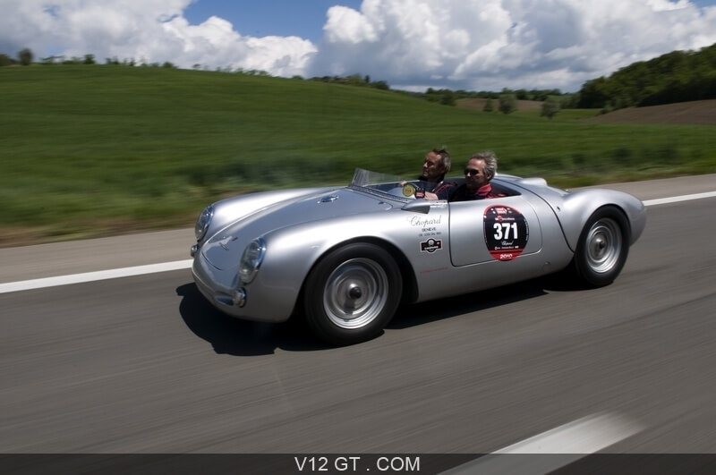 Porsche 550RS driven by Friedrich Scheufele and Jacky Ickx in the 2010 Mille Miglia. Image courtesy V12GT.com