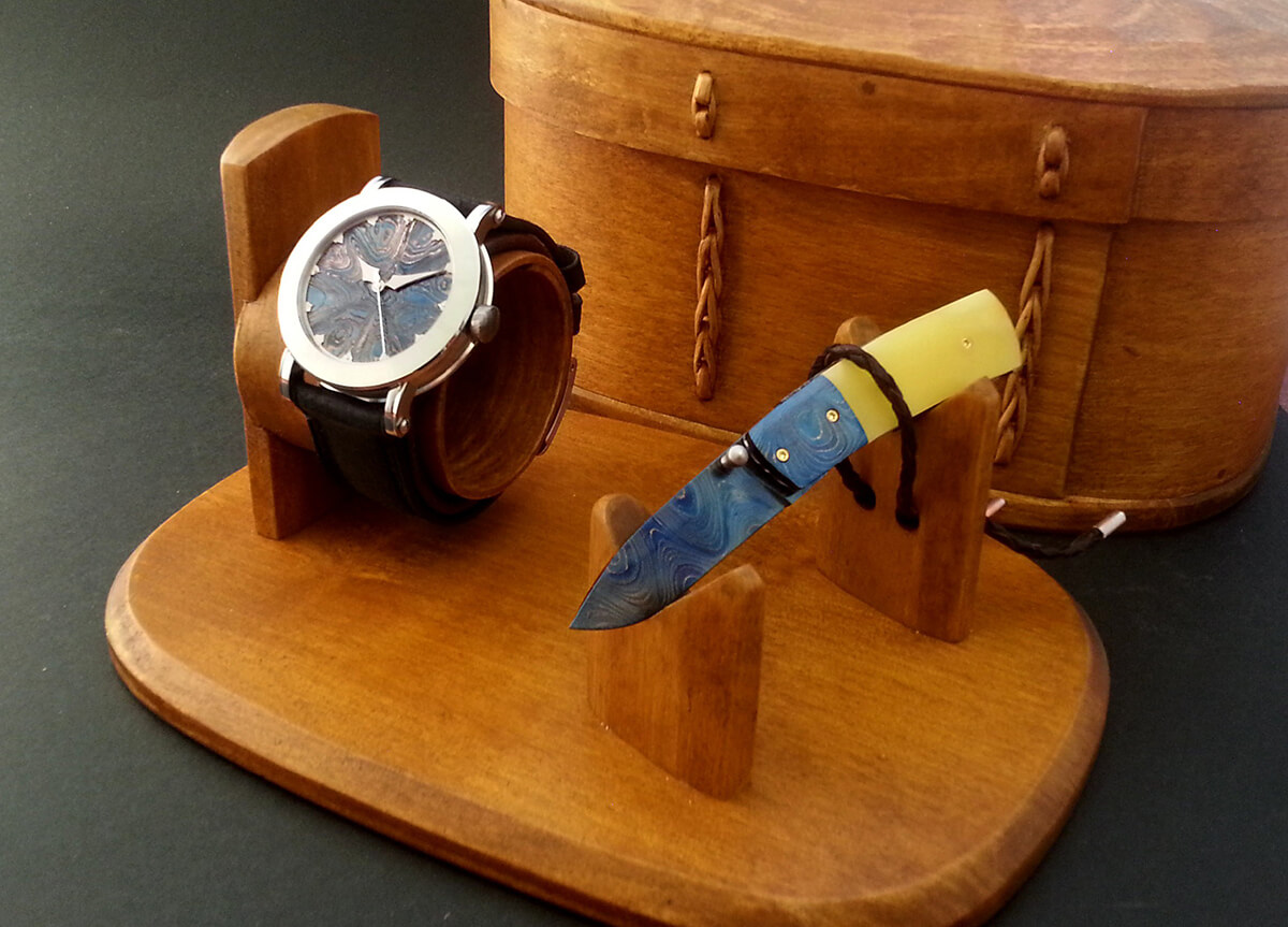 GoS Bifrost matching Damascus steel watch and knife set