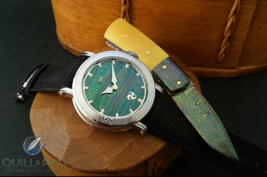 GoS Bifrost matching Damascus steel watch and knife set
