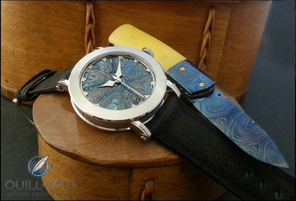 GoS Bifrost matching Damascus steel watch and knife set