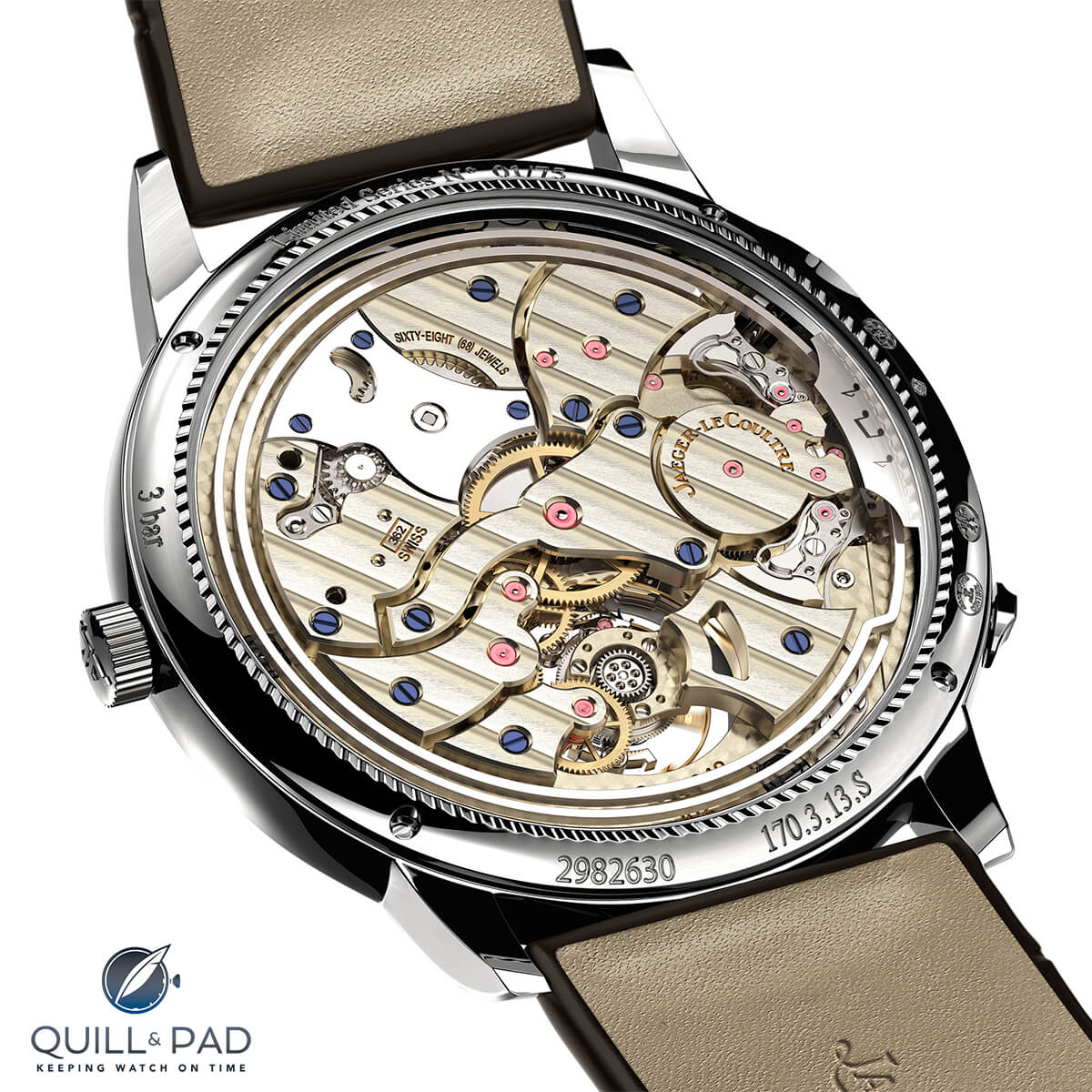 View through the display back to the stunning movement of the Jaeger-LeCoultre Master Ultra-Thin Minute Repeater Flying Tourbillon