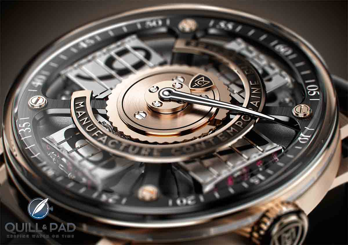 Dial side of the MCT Sequential Two S200 in red gold