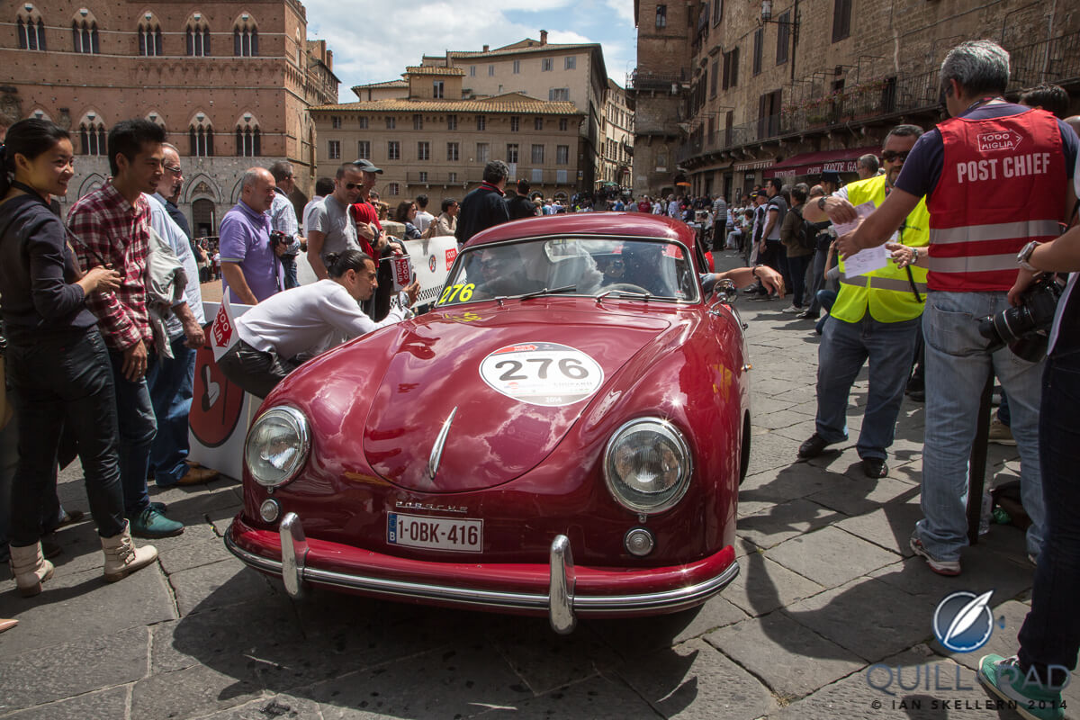 The Roland Iten 1953 Porsche 356 arriving in Siena at the 2014 Mille Miglia