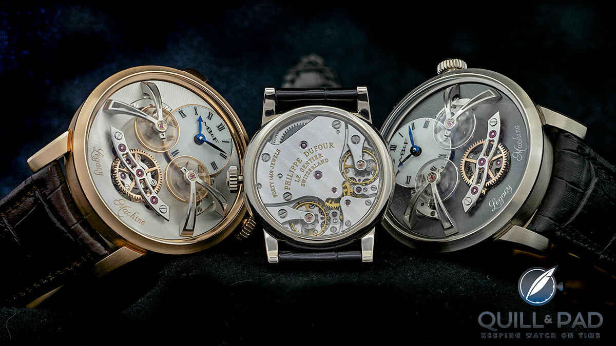 Two MB&F Legacy Machine No.2s flanking their inspiration, a Philip Dufour Duality. All feature two escapements linked by a differential.