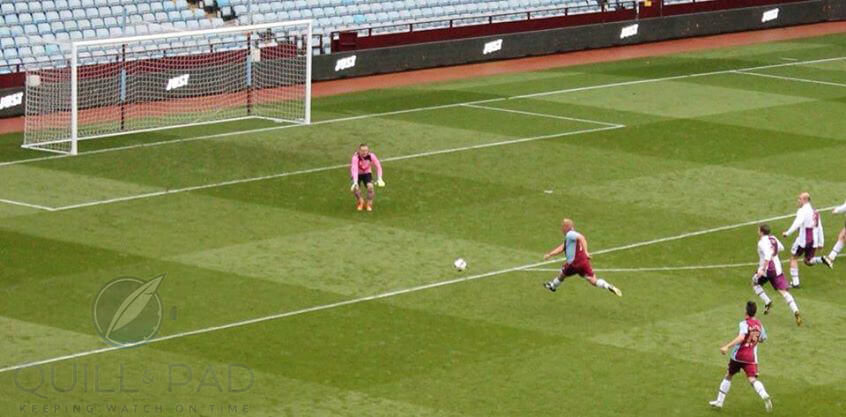 Mike Pearson about to score in a supporter's game at the Aston Villa pitch in London. Photo courtesy Mike Pearson