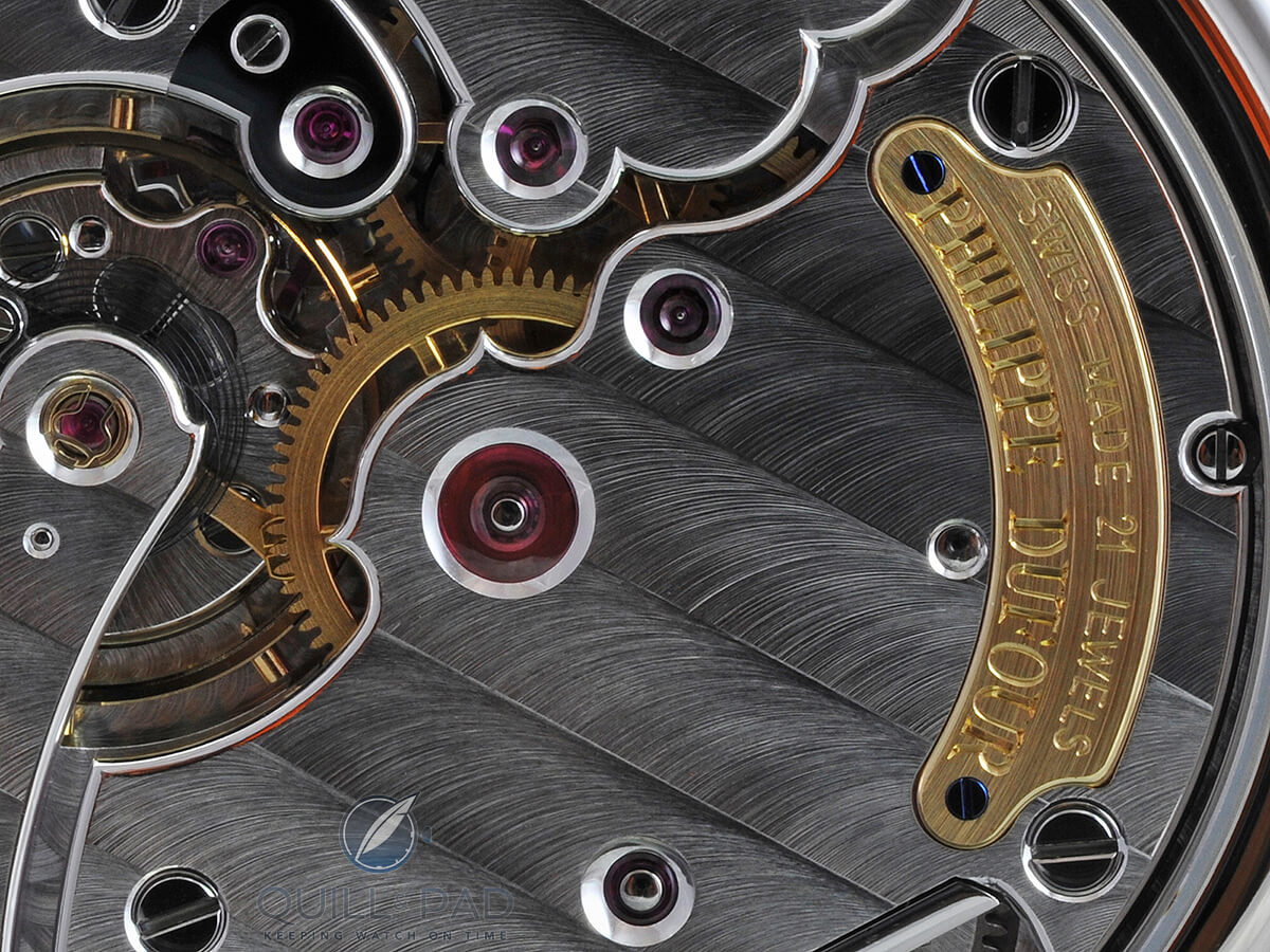 Close of the movement of a Philippe Dufour Simplicity showing the sublime hand finishing.