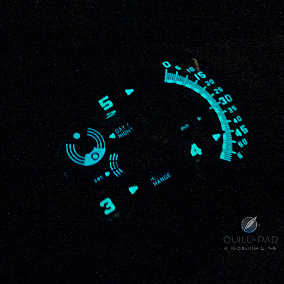 The yellow/green Super-LumiNova of the Urwerk UR-110 TTH glows an electric cool blue in the dark