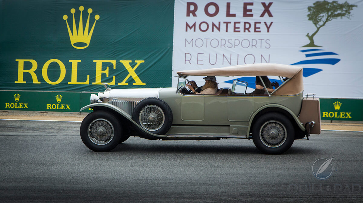 The 1923 Hispano-Suiza takes a lap around the Laguna Seca Mazda Speedway as part of the Pebble Beach Tour d’Elegance