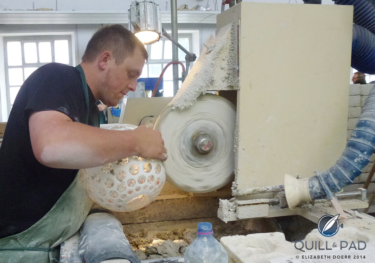 Polishing the crystal for the Jaeger-LeCoultre Hermès Edition Atmos at Les Cristalleries de Saint-Louis