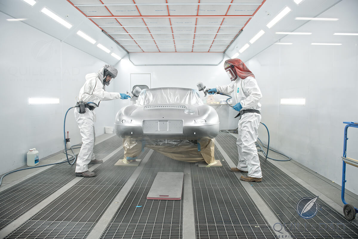 Painting the monocoque aluminum body of the 2014 Jaguar E-Type Lightweight