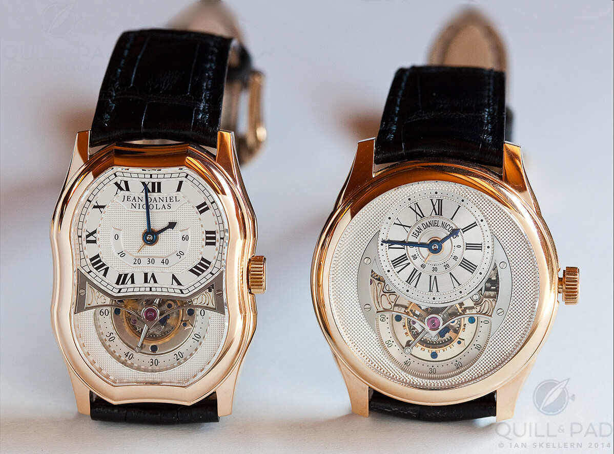 Form and round cased versions of the Jean Daniel Nicolas Two-Minute Tourbillon by Mr. Daniel Roth in pink gold