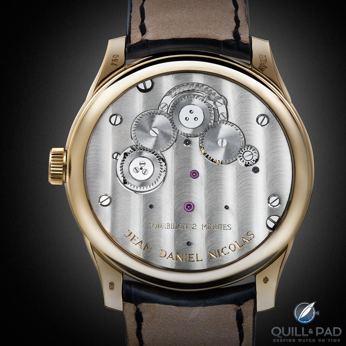 The beautiful U-shape waves visible through the display back of the Jean Daniel Nicolas Two-Minute Tourbillon by Daniel Roth