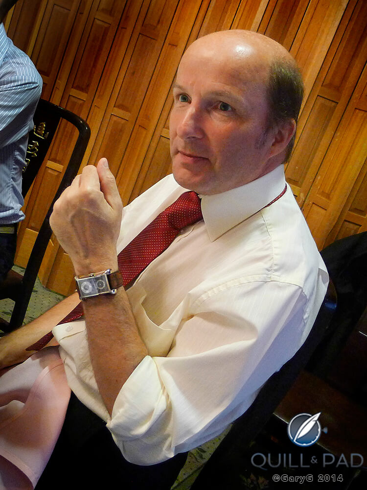 Kari with Cal 27 Kari Voutilainen at a collector’s dinner wearing his Caliber 27