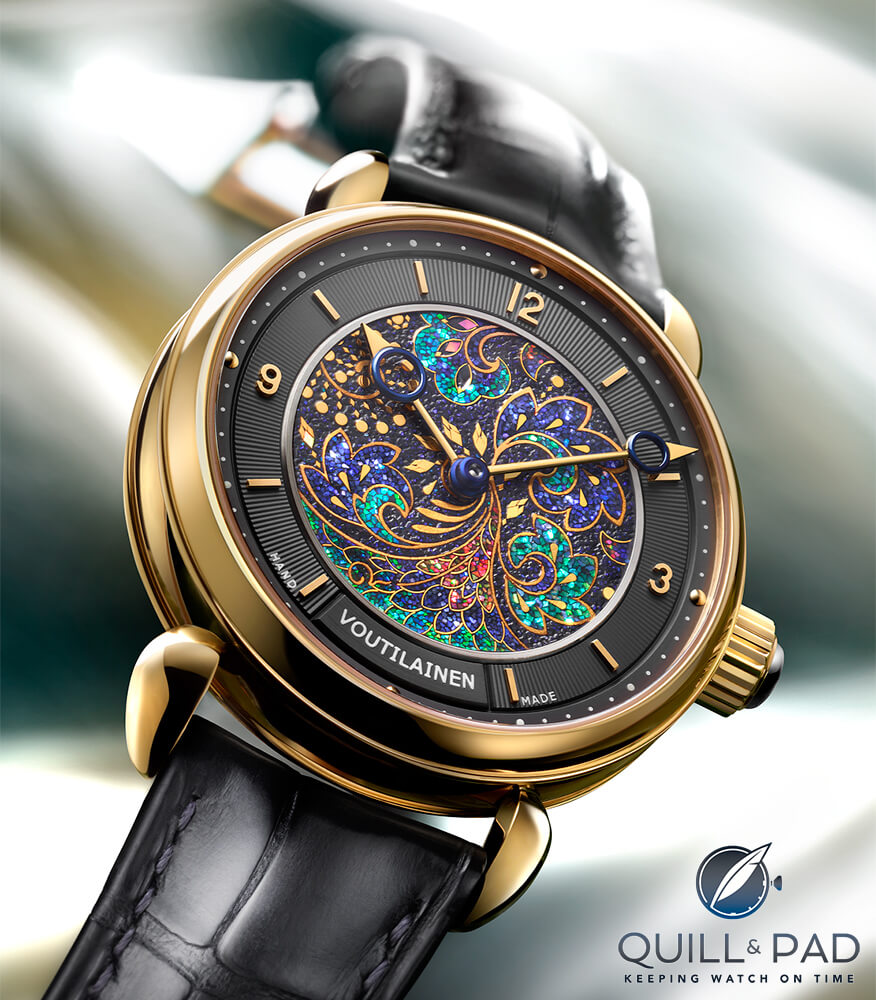 Karin Voutilainen 28 Sarasamon with dial from Unryuan studio in Japan. The Saiei Makie and Somata zaiku lacquering of this dial takes months to complete and uses gold dust), gold leaf, great green turban (a snail) shell and abalone shell from New Zealand
