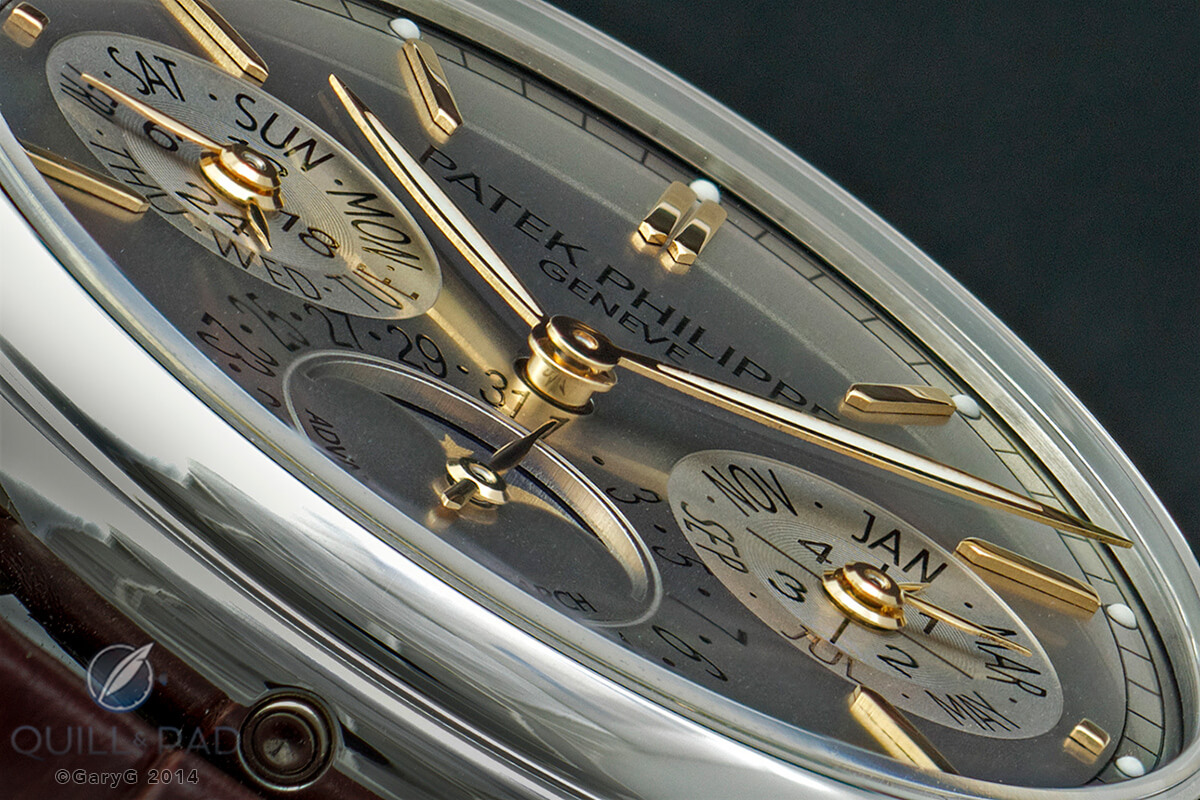 A close up look at the dial of the Patek Philippe Advanced Research Reference 5550P Perpetual Calendar