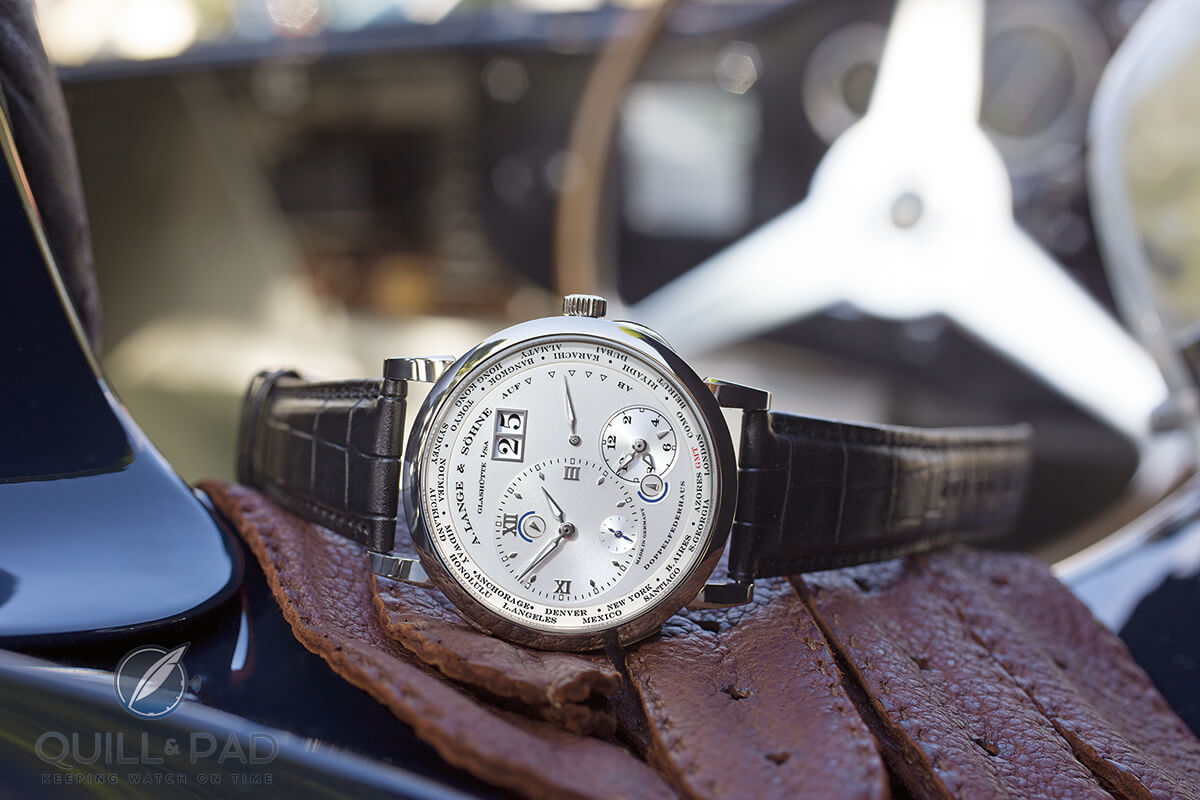 Unique piece Lange 1 Time Zone Como Edition awarded to the winner of the 2014 Concorso d’Eleganza Villa d’Este, Albert Spiess for his Maserati 450 S