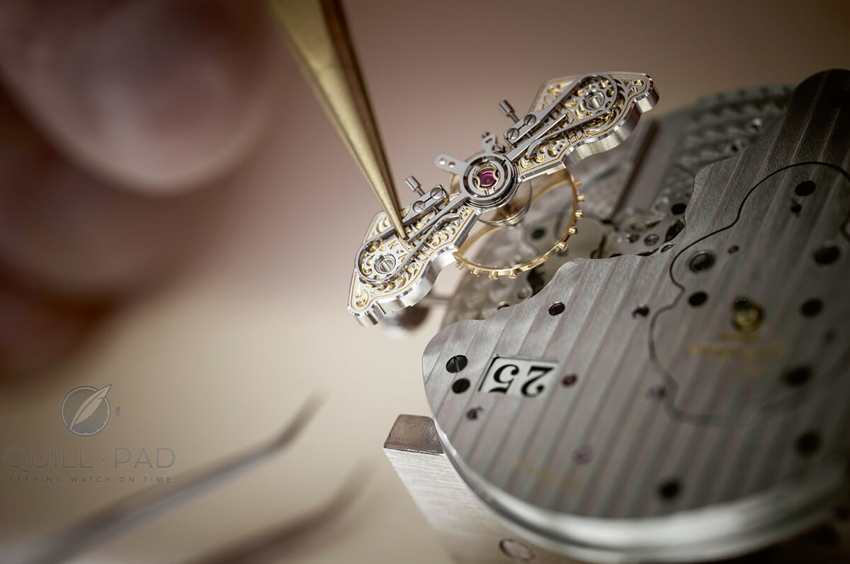 The intricately engraved balance bridge of the Glashütte Original PanoMaticInverse