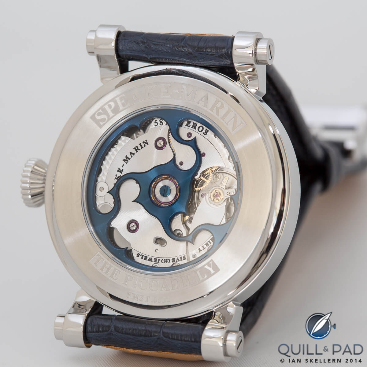 View through the display back of the Speake-Marin Velsheda, with its mystery, topping-tool-shaped automatic winding rotor