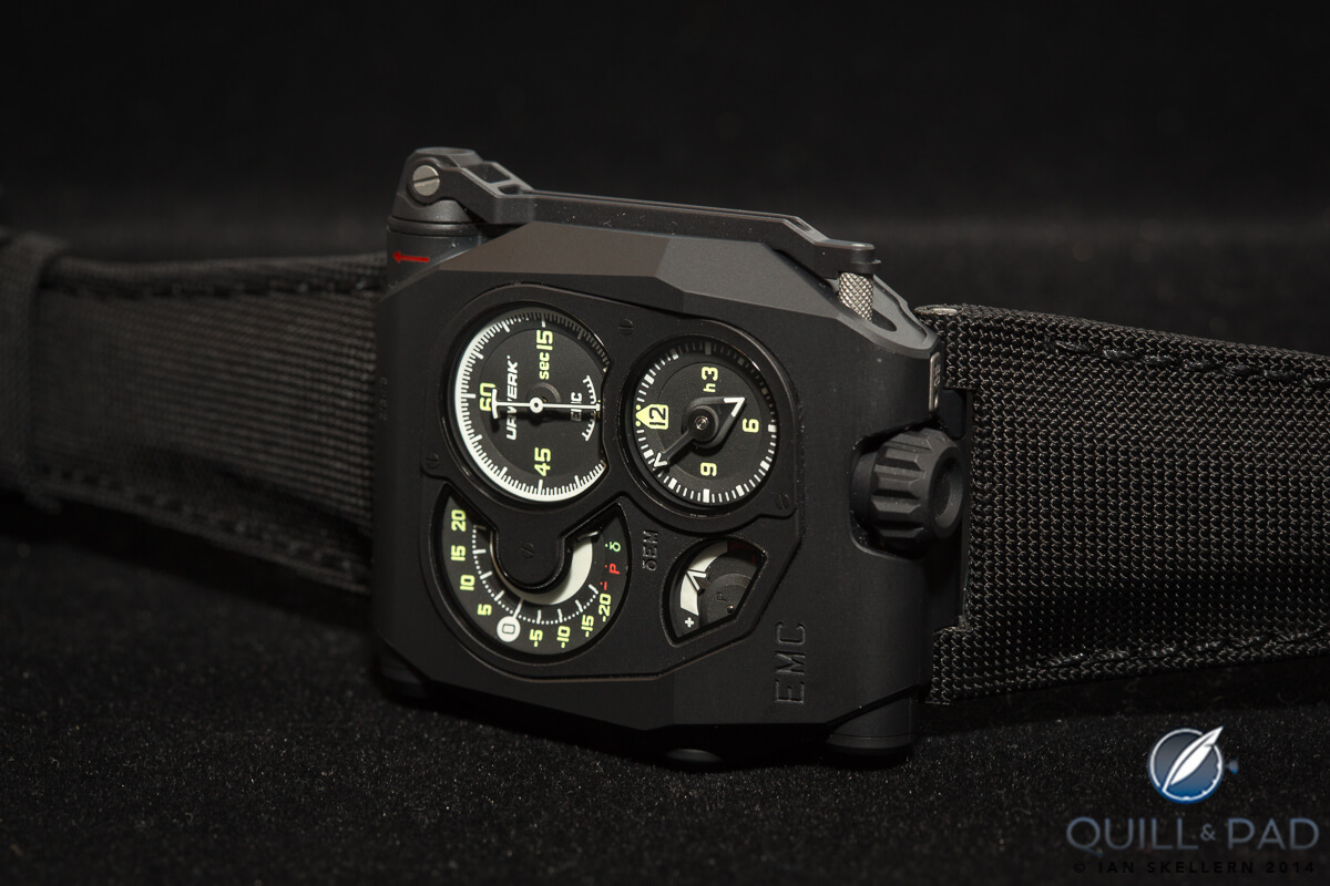The yellow/green numbers and white lines contrast nicely against the black dials of the Urwerk EMC Black