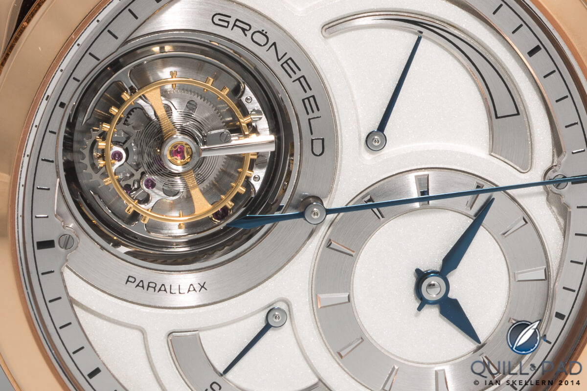 Closeup of the Grönefeld Parallax Tourbillon's tourbillon