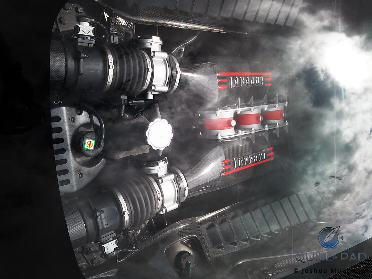 A Ferrari engine smoking at the 2014 Atlanta Lamborghini Blancpain Super Trofeo race weekend