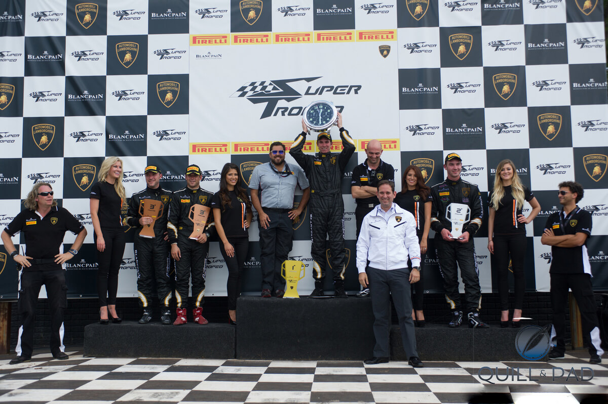 The winners of the 2014 Atlanta Lamborghini Blancpain Super Trofeo: Dillon Machavern (first), Cody Ware (second), and Corey Lewis and Aaron Povoledo (third)