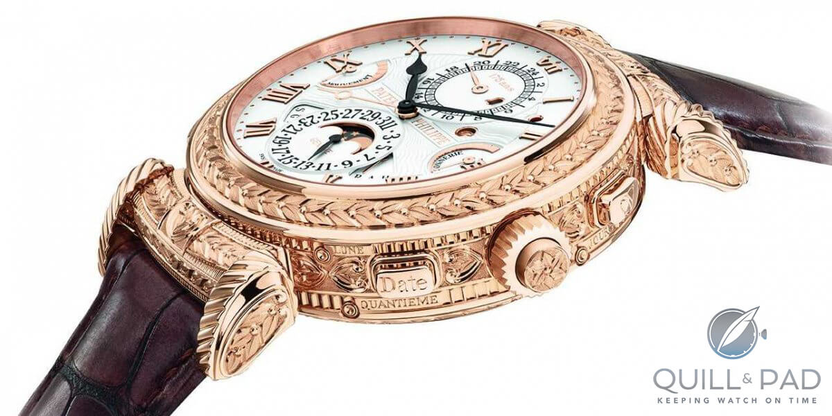 The ornately engraved case of the Patek Philippe Grandmaster Chime