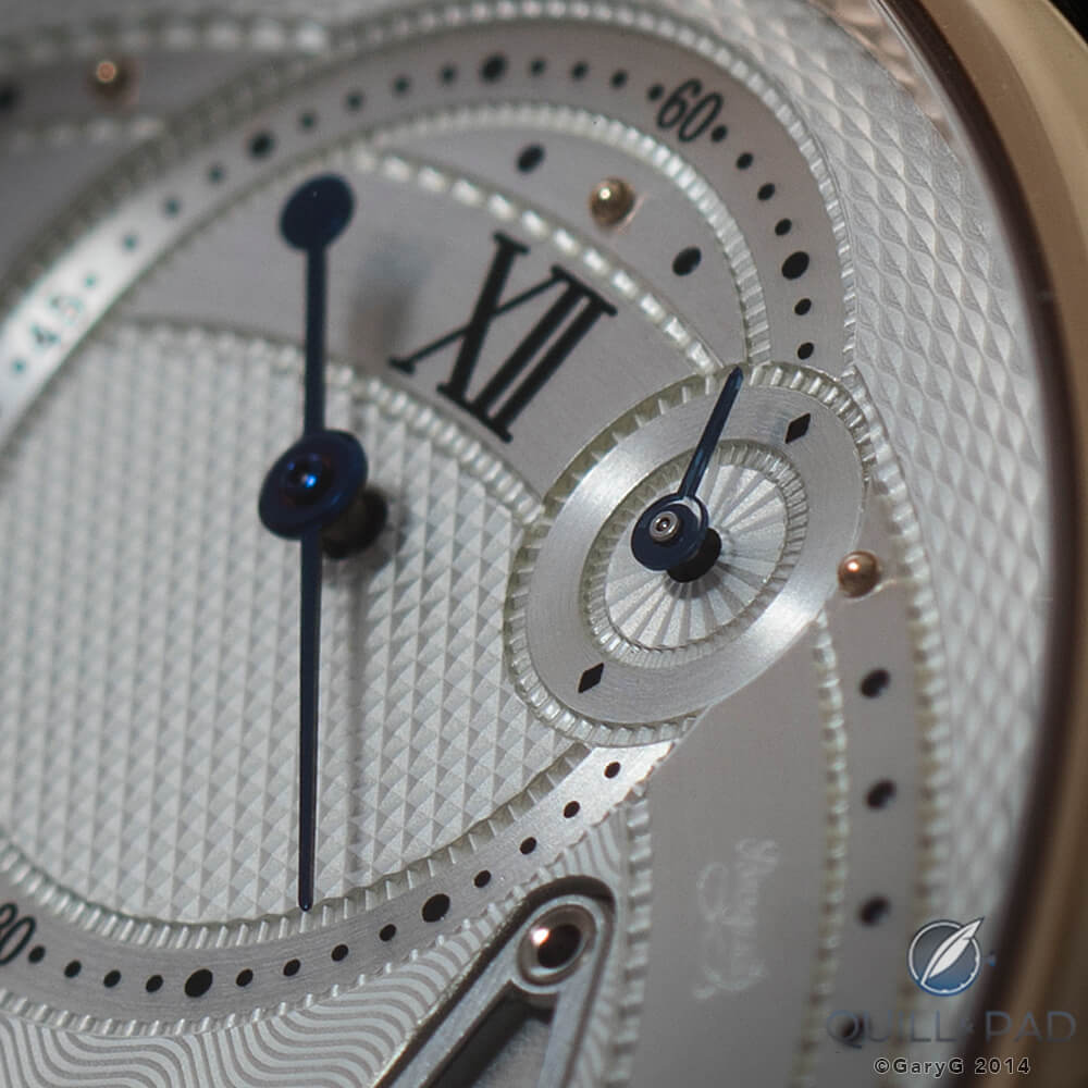 Dial detail of Breguet Reference 7727 highlighting the second and two-second foudroyante subdials