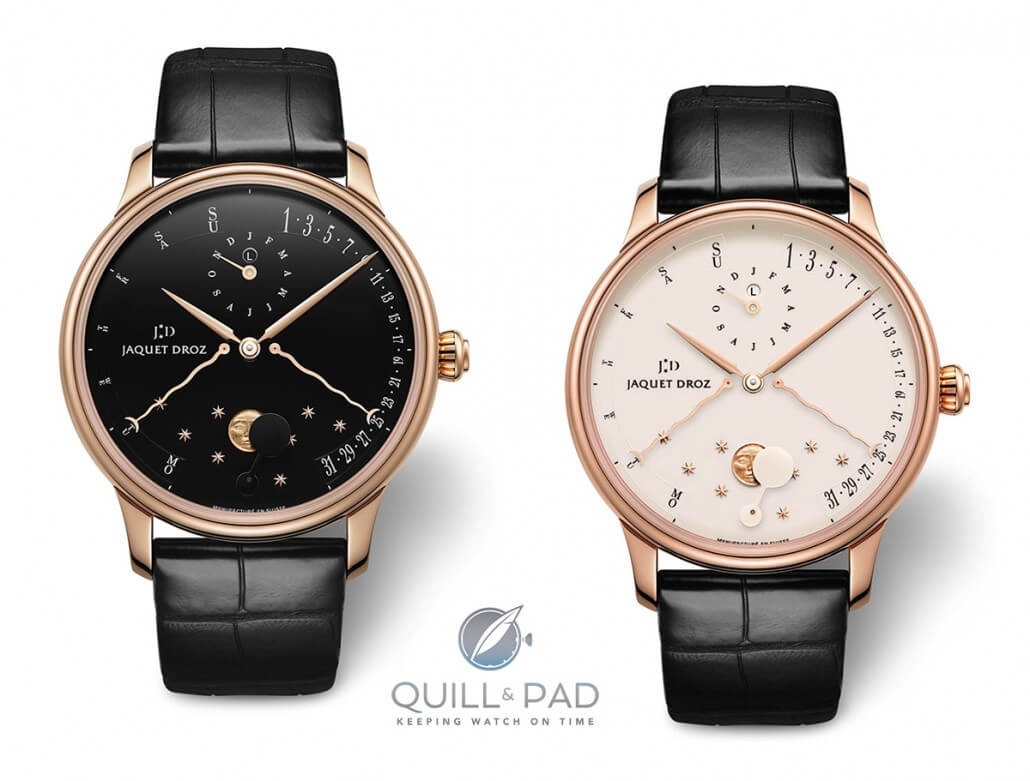 The Jaquet Droz Perpetual Calendar Éclipse is available with either a black or ivory-colored grand feu enamel dial