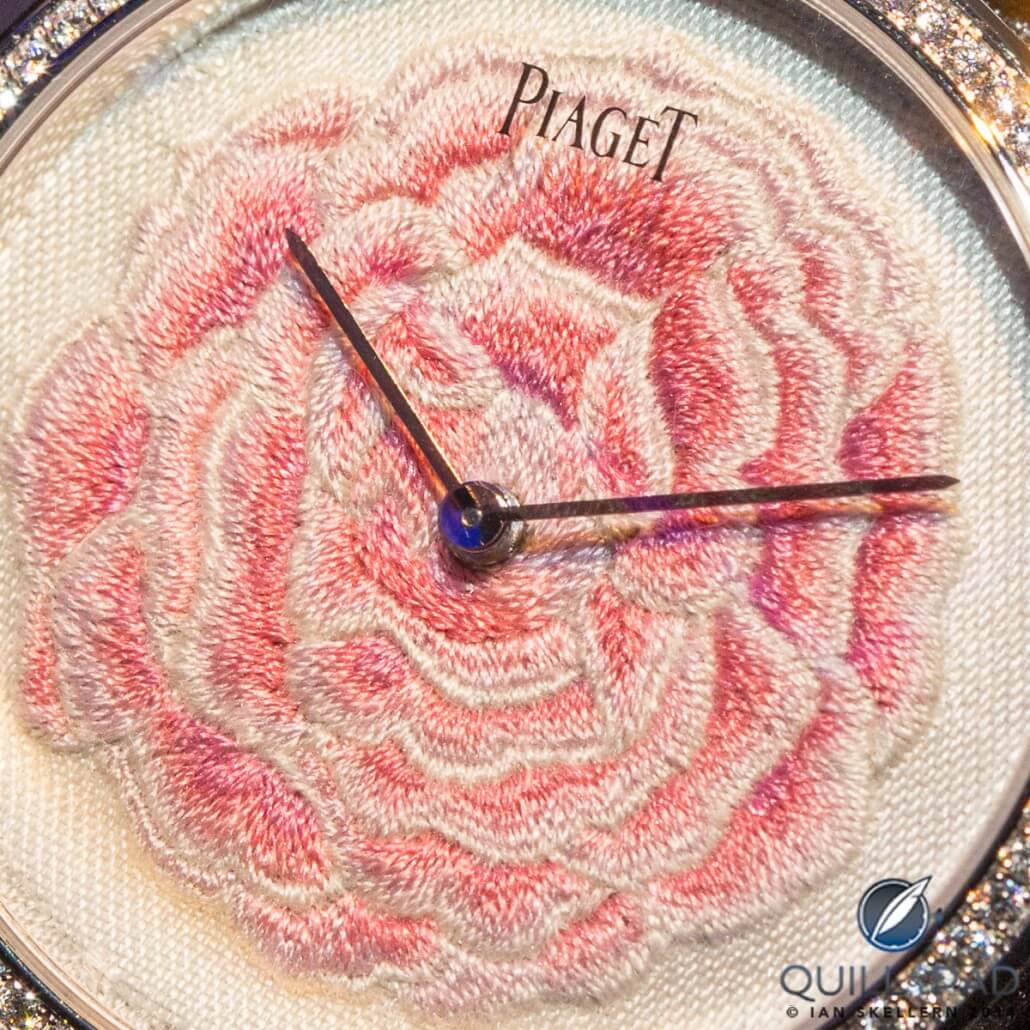 Thousands of silk stitches go into hand-embroidering the Piaget Altiplano Rose dial