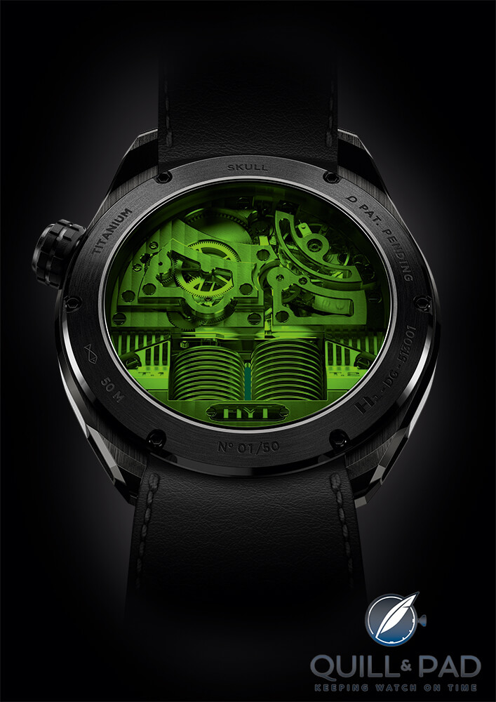 View from the back of the HYT Green Eye Skull