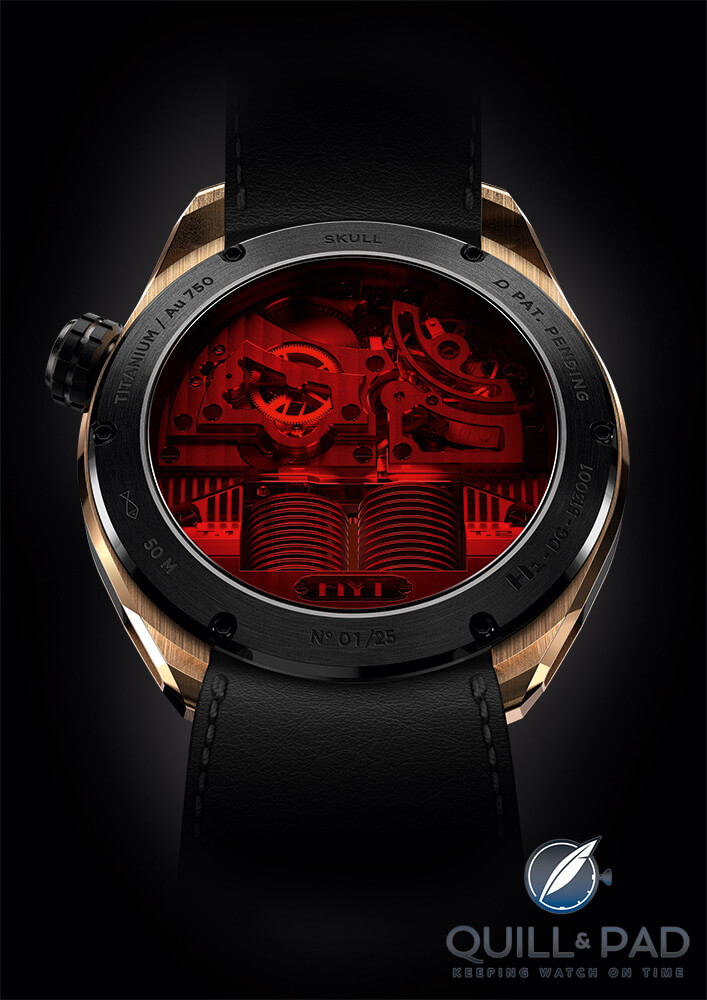 View through the display back of the HYT Red Eye Skull