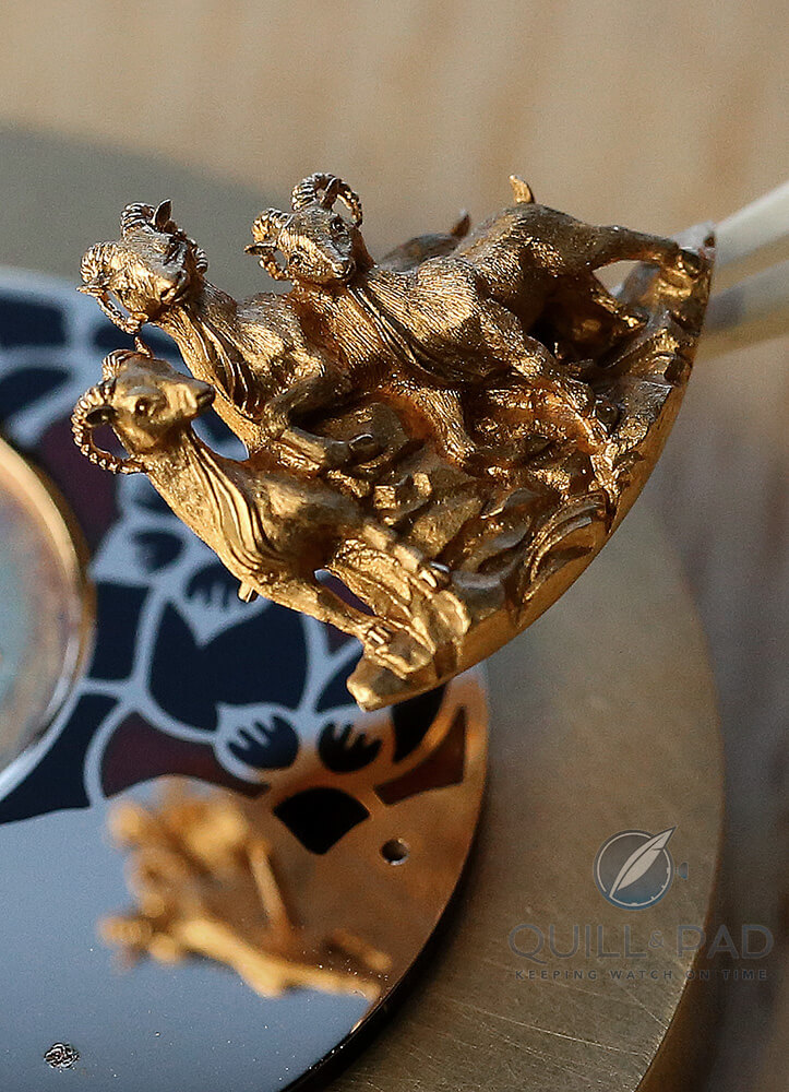 The intricately and three-dimensionally engraved goats on Jaquet Droz's Petite Heure Minute Relief Goats