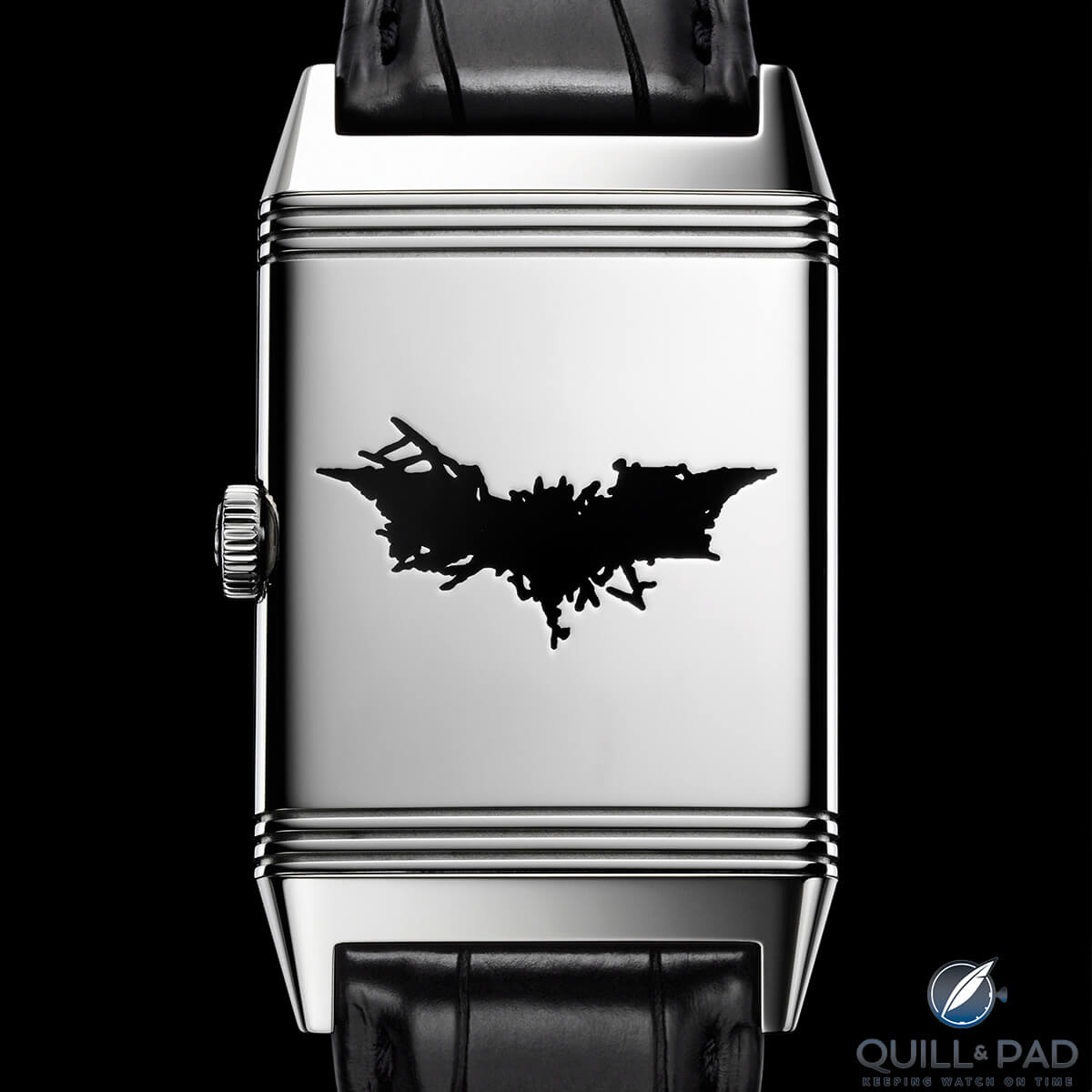 The bat logo engraved on the back of the Jaeger-LeCoultre Grande Reverso Ultra Thin 1931 Batman