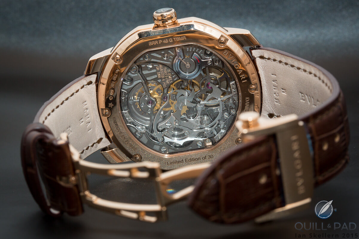 View through the display back of the Bulgari Carillon Tourbillon