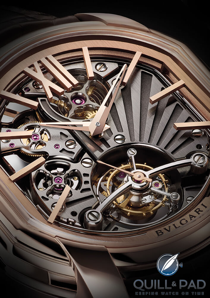 Dial-side close-up of the Bulgari Carillon Tourbillon