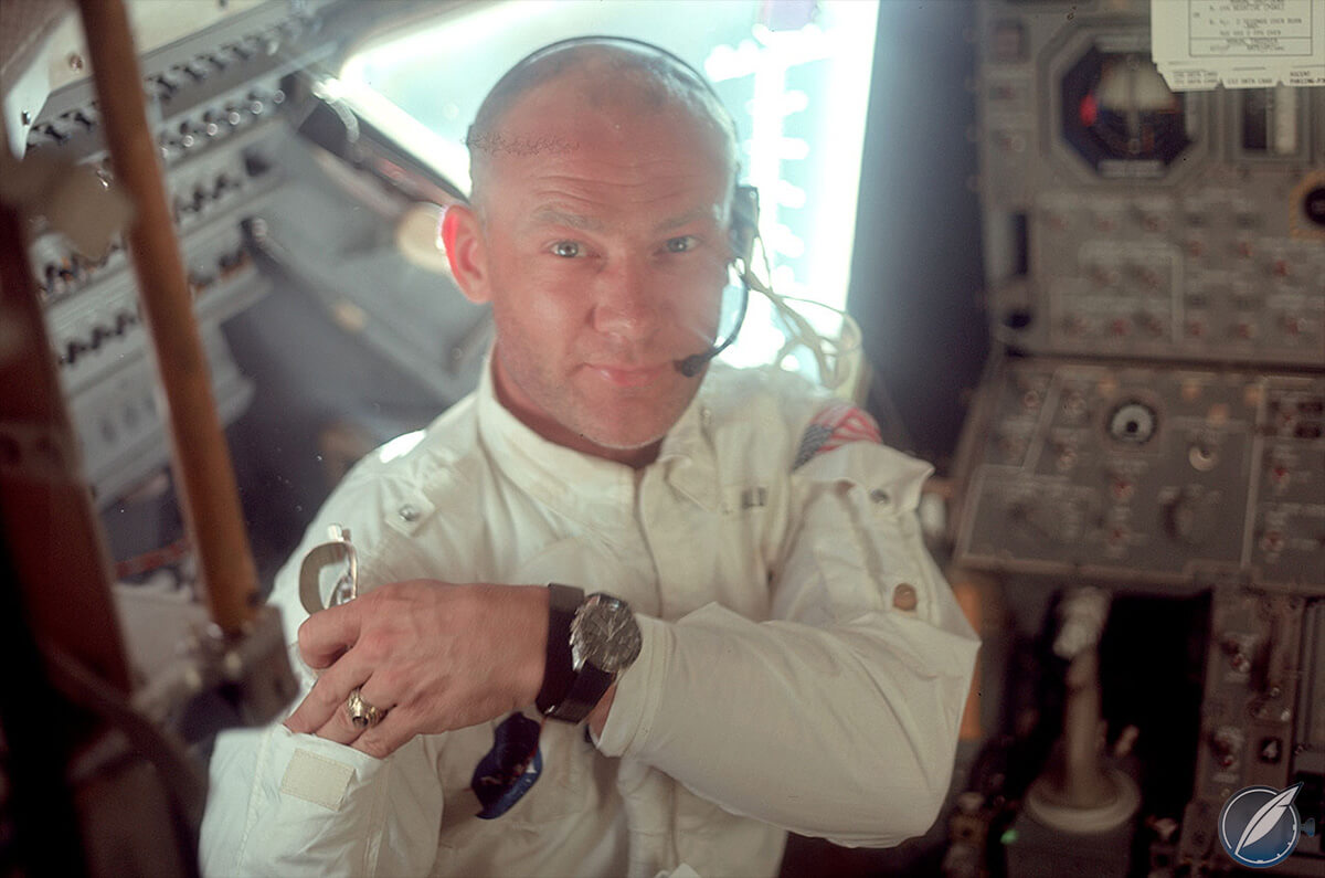 Buzz Aldrin in space wearing his Omega Speedmaster