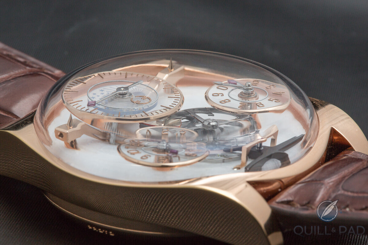 This side view highlights the incredible three-dimensionality of the dial of Emmanuel Bouchet's Complication 1: note the distinctive pointy cones supporting the bridges