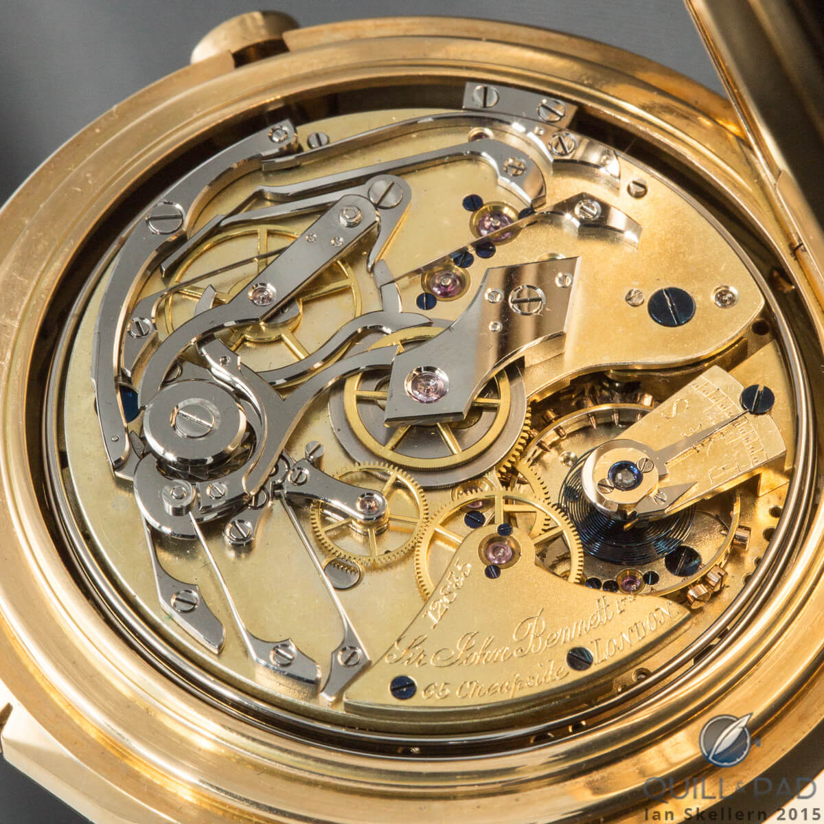 The absolutely sublime movement of this Louis Audemars pocket watch circa 1880 featuring minute repeater, perpetual calendar, and chronograph
