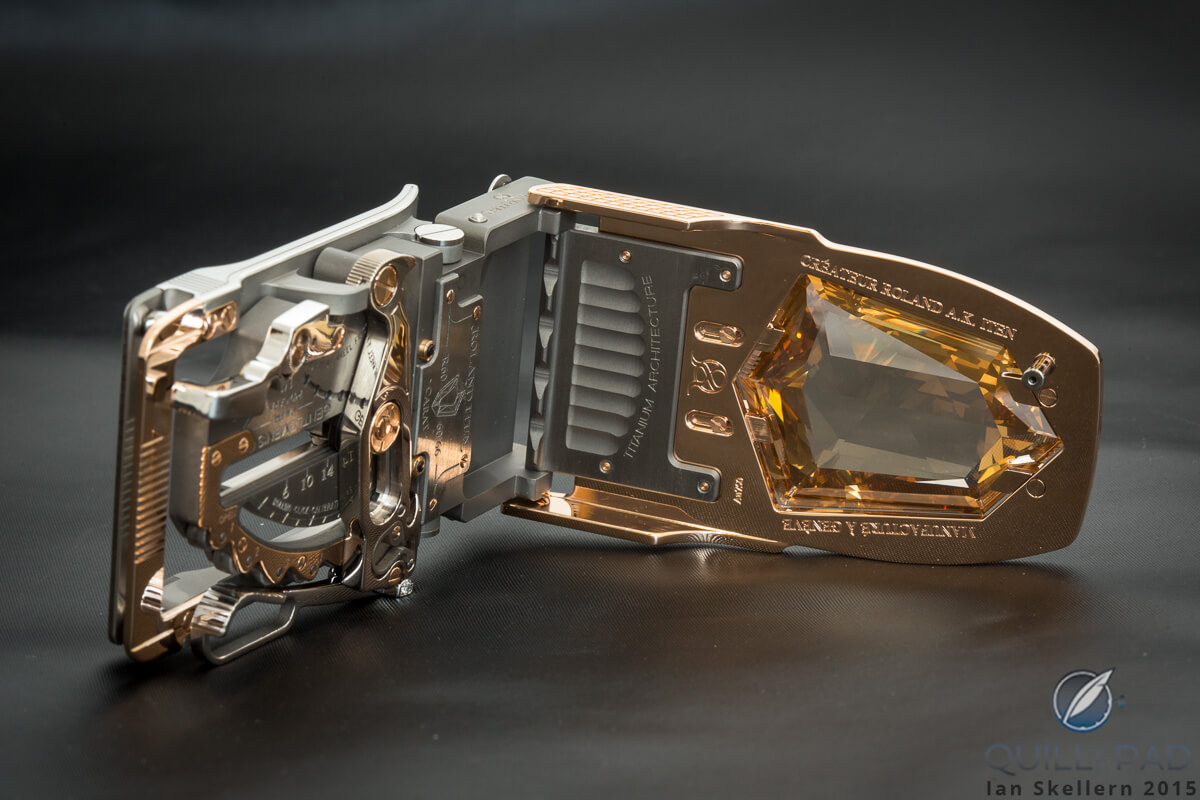 The R60 Diablo mechanical belt buckle set with a 60.66-carat diamond by Roland Iten