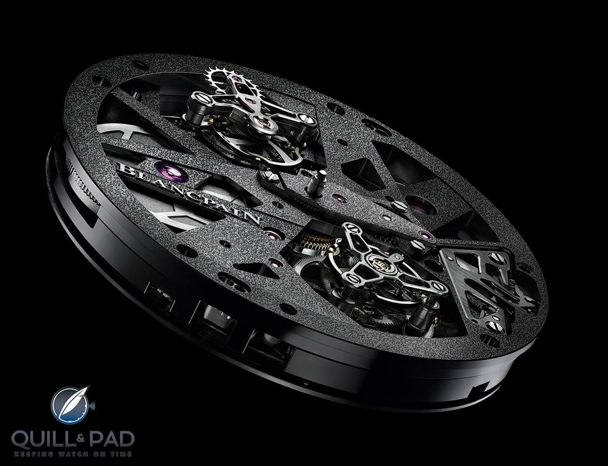 The hard, angular movement plates and bridges of the Blancpain L-evolution Tourbillon Carrousel give the watch a very contemporary look and feel