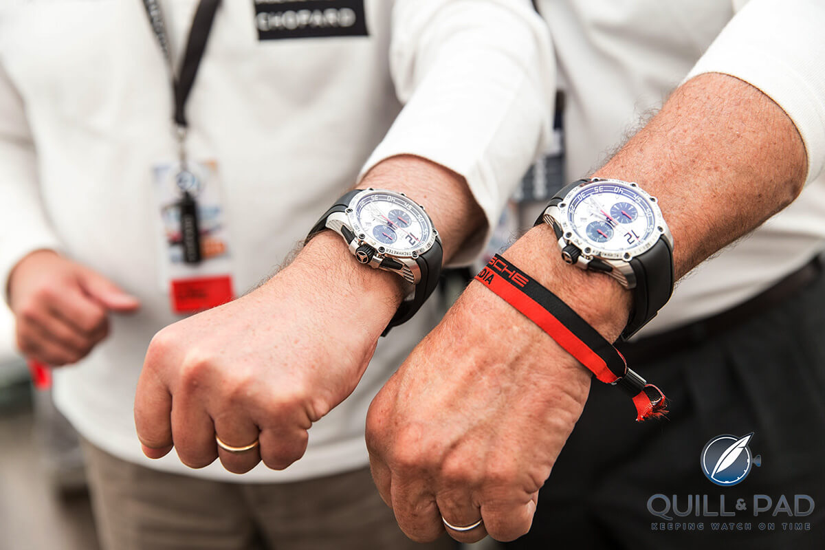 The Superfast Chrono Porsche 919 Jacky Ickx Edition on the wrists of Chopard co-president Karl-Friedrich Scheufele (left) and Jacky Ickx