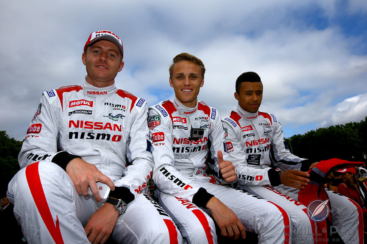 Jann Mardenborough, Max Chilton, and Olivier Pla of Nissan’s GT-R LM Nismo team (photo courtesy TAG Heuer)